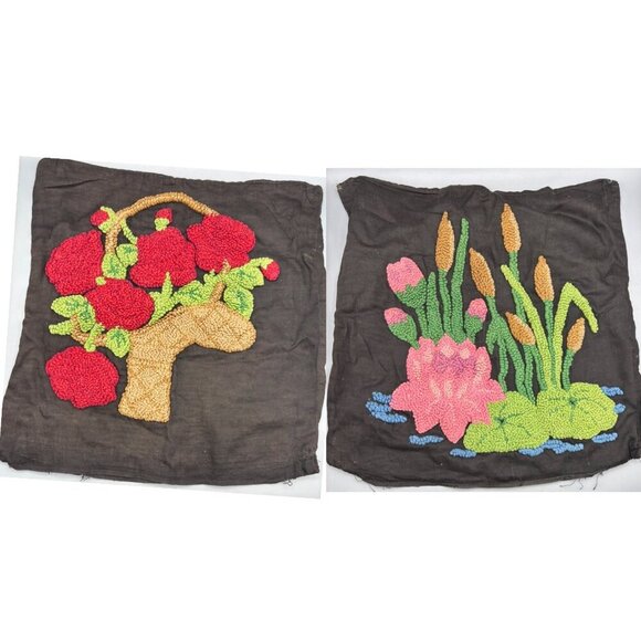 Vtg 2 Pc Handmade Punched Black Pillow Covers Colorful Floral - Picture 1 of 15